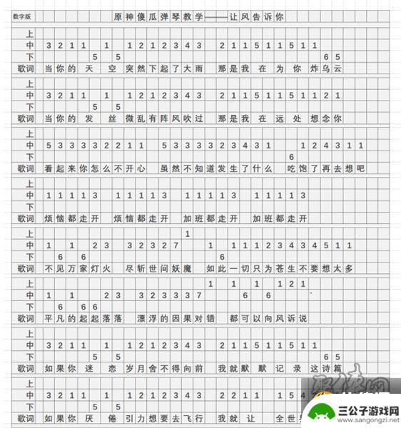 原神歌曲让风告诉你电子琴谱 原神让风告诉你键盘版手机版琴谱大全